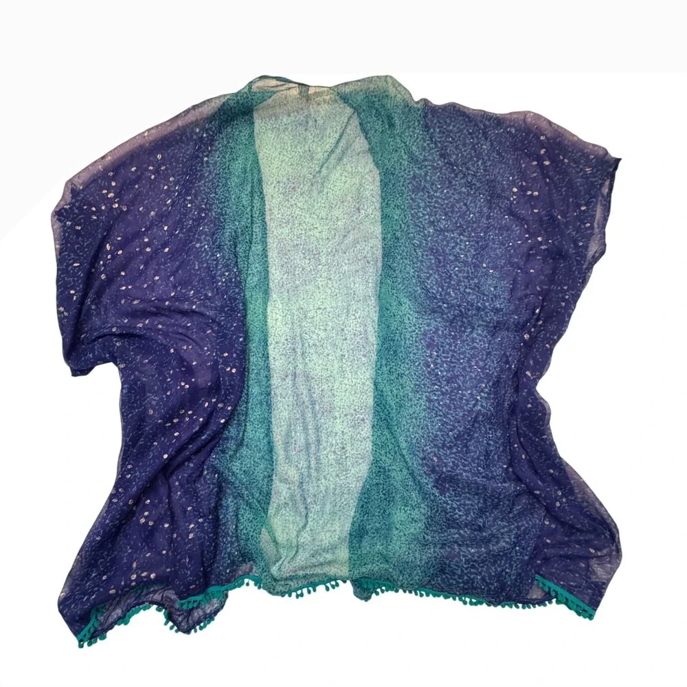 Soft Surroundings Blue Teal Ombre Kimono Wrap Pom Pom Trim One Size Resort Boho